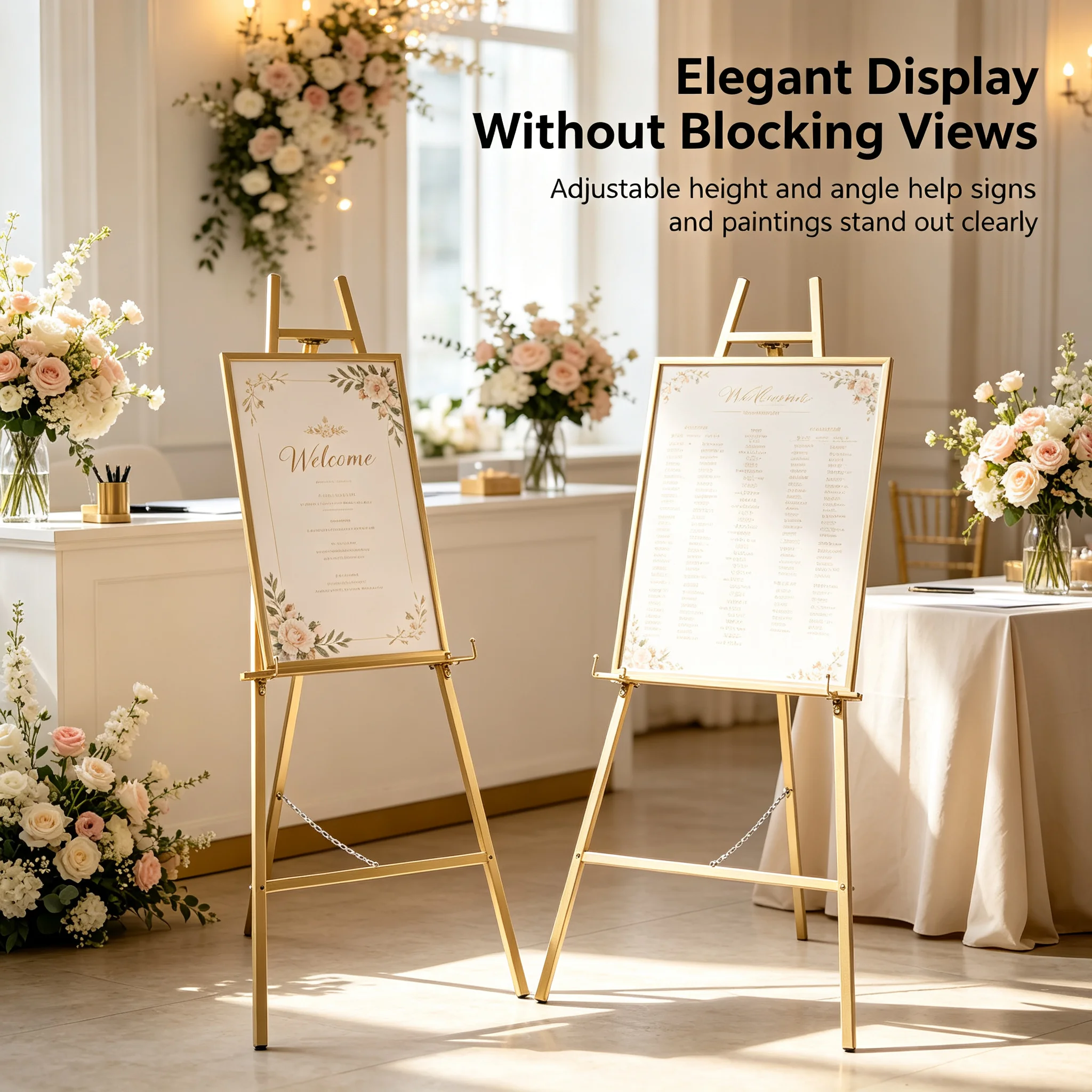 2-Pack Tall Steel Pipe Portable Floor Easel Stand Gold Finish, Adjustable Height & Angle Wedding Display Easel for Signs Posters Paintings, Foldable Heavy Duty 11.02lbs Capacity for Exhibitions Shops Events view 5