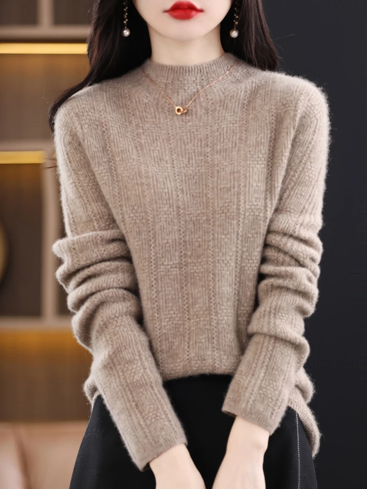 

Women Cashmere Sweater 100% Merino Wool Knitted Hollow Pullover Autumn Winter Mock Neck Knitwear Female Grace Soft Clothes Top