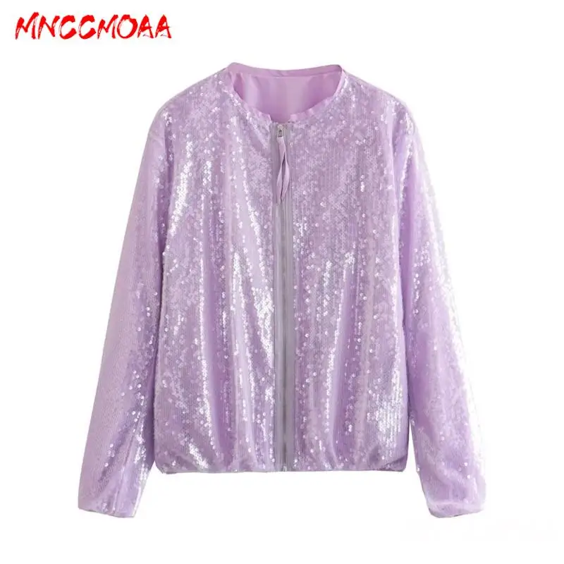 MNCCMOAA 2024 Autumn Women Fashion Sequins Bomber Jackets Coats Female Solid Color Casual Zipper Long Sleeve Top Outerwear