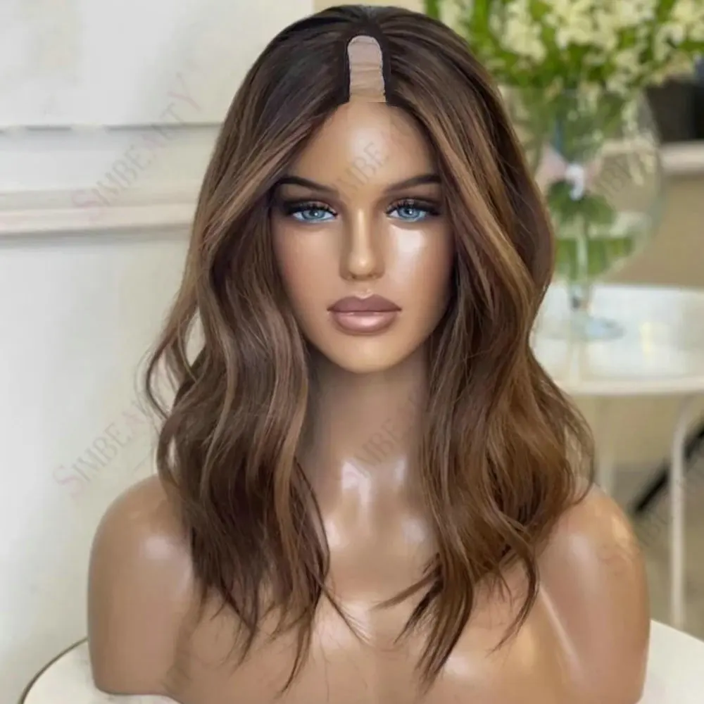 Natürliche Wellen, 1x4-Größe, U-Teil-Perücke aus Echthaar für Damen, einfach anzuziehen, mit honigbraunen Highlights, klebefreie V-förmige Perücke aus Echthaar mit Clips. – Detail 1