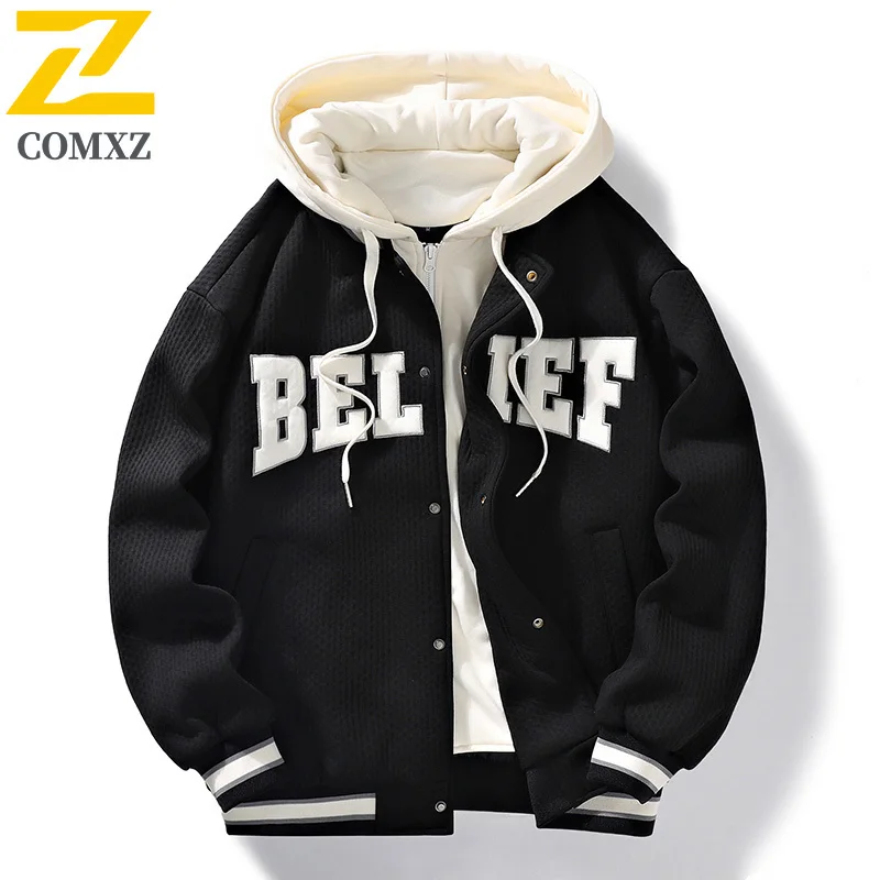 

Harajuku Letter Baseball Jacket Men's Spring Autumn 2025 New Fake 2-piece Set Hooded Coat Male Casual Sports Breathable Jackets