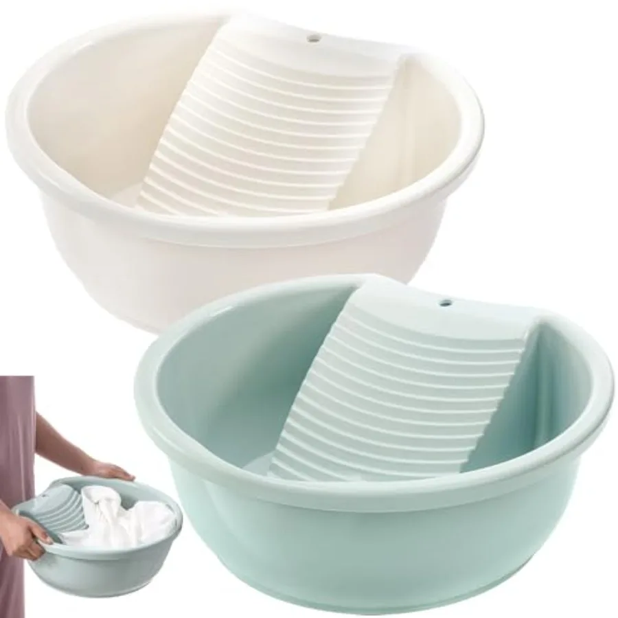 

2 Pack Washboard Basin for Hand Washing Clothes, Plastic Non-Slip Washtub with Integrated Washboard, Small Delicate Articles Wa