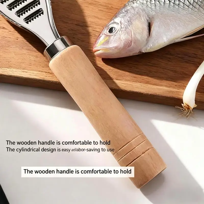 Stainless Steel Fish Scaler Manual Cleaning Tool with Comfortable Wood Handle for Easy Home Kitchen Seafood Preparation