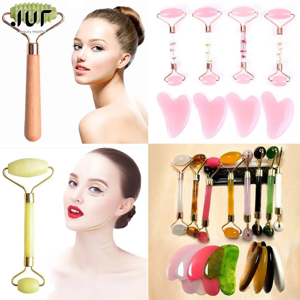 

Handmade Facial Massage Roller Guasha Scraping Board Set Double Heads Jade Stone Face Lift Body Slim Neck Thin Lift Massage Tool