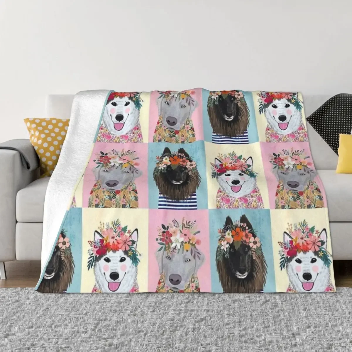 

Dogs Floral Drawing Throw Blanket Flannel Fleece Soft Adult Bed Cover Warm Stitch Fluffy Bed Linen Bedspread for Sofa Bedroom