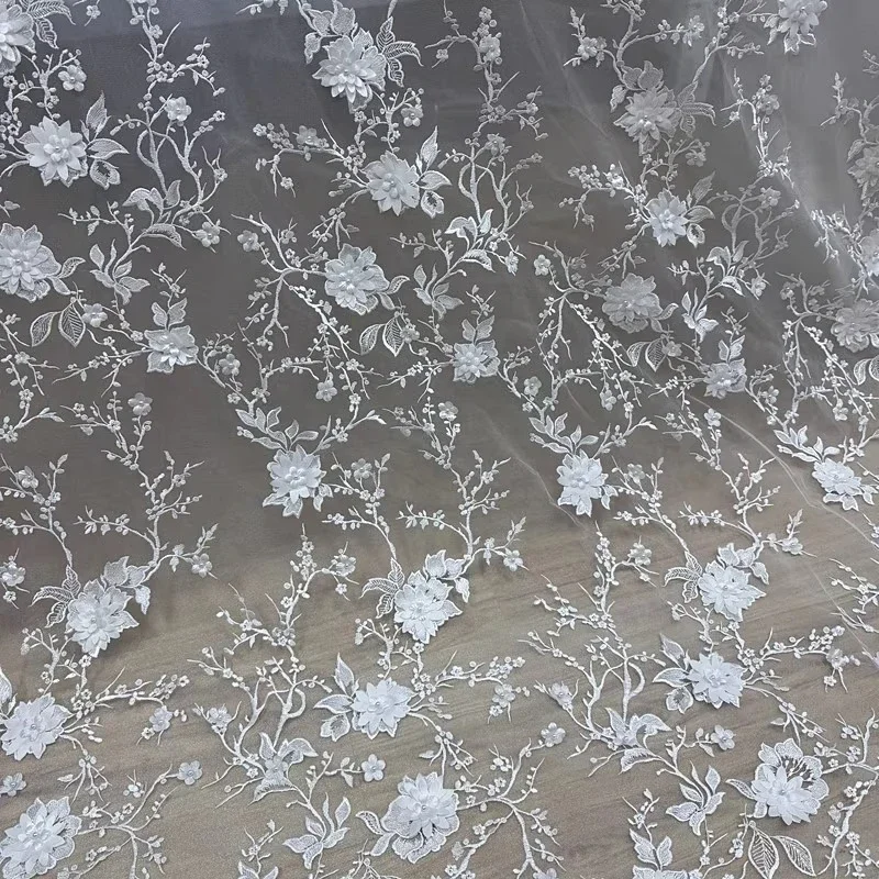 Delicate Transparent Mesh Lace Fabric With Pearl Flower Applique Soft Sheer Textile Wedding Dress Stage Outfit Creative Design