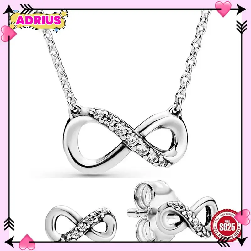 

Authentic 925 Sterling Silver Sparkling Infinity Earring Necklace With Crystal For Women Jewelry Set Gift