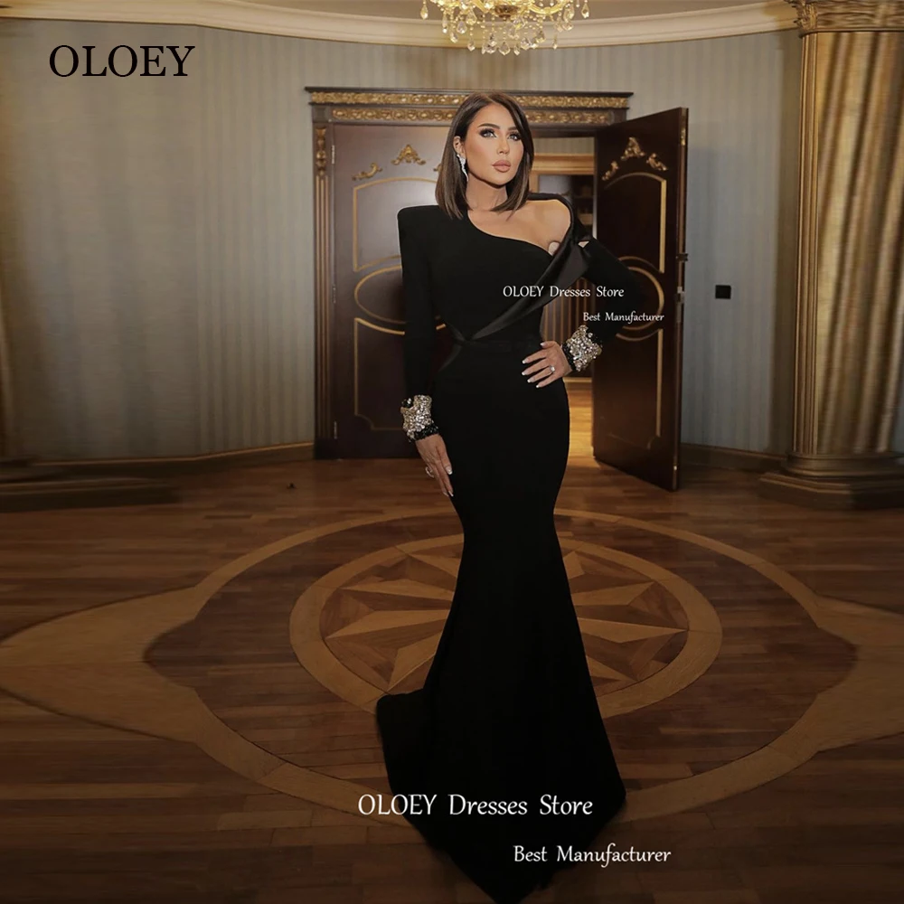 

OLOEY New Black Mermaid Evening Dresses Dubai Arabic Women Long Sleeves Matte Satin Crystal Formal Prom Dress Vestido de fiesta