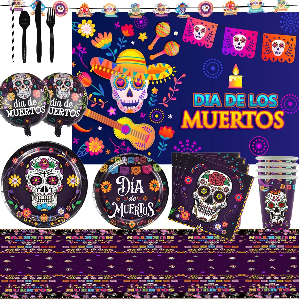 

Day of the Dead Theme Birthday Party Decorations Skeleto Balloon Disposable Tableware Paper Napkins Cups Plates Tablecloth Gifts