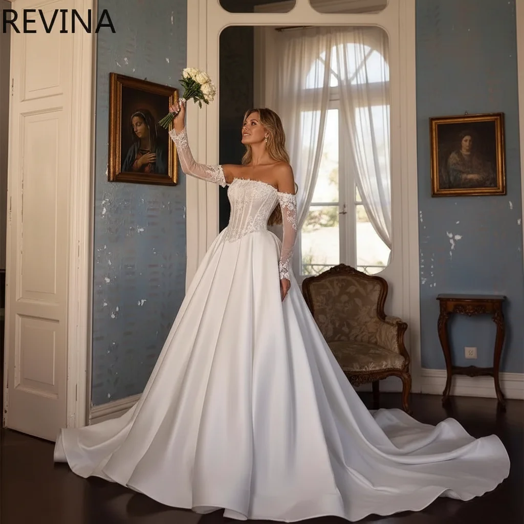 

Elegant Satin Lace A-line Wedding Dress Strapless Long Sleeve Bridal Gown with Flower Decal Customized Noiva Vestido De Noiva