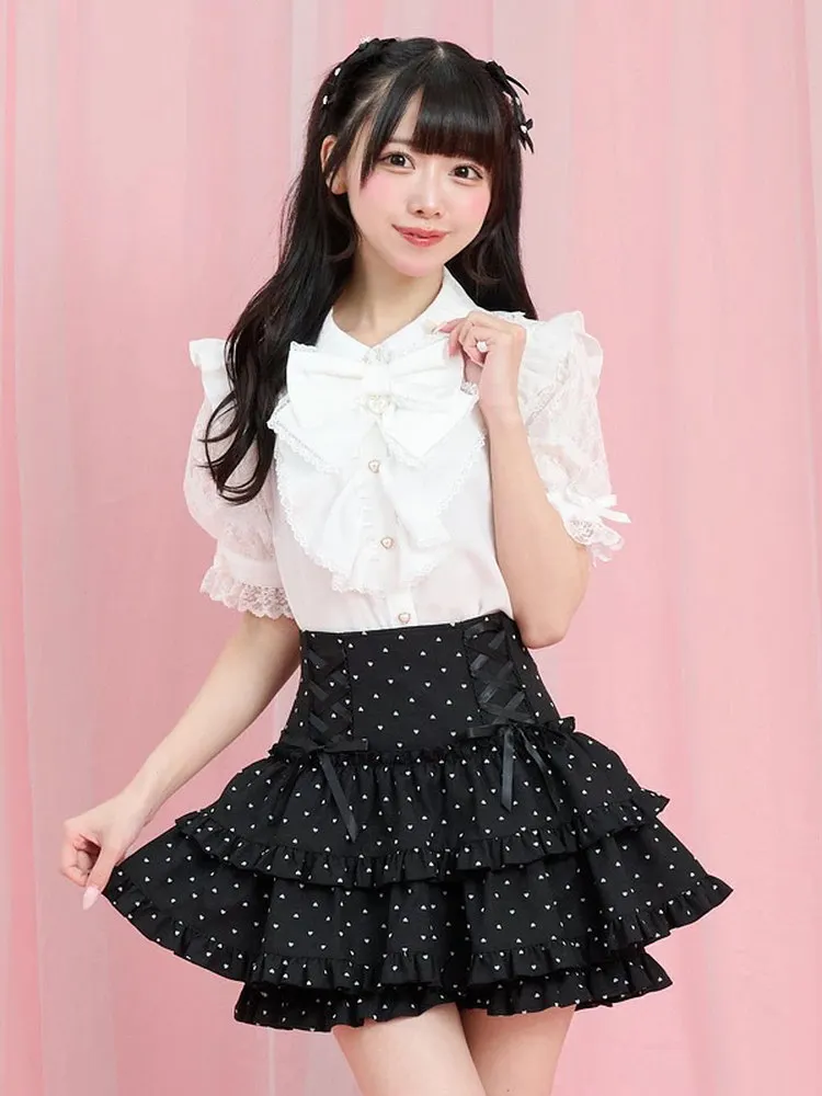 Black Tiered Ruffle Skort Dot Side Ribbon Corset Lace-Up High Waist Frilly Layered Mini Skirt with Built-In Safety Shorts
