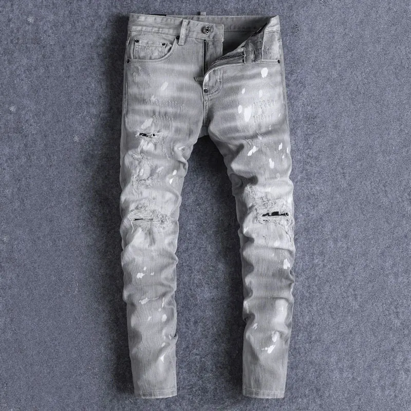 

Y2K fashion new jeans with wrinkles, scratches, washed water, nostalgic stretch, slim fit, grey jeans, designer high street h