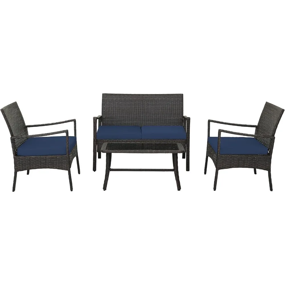 

4-piece willow terrace furniture set, outdoor PE rattan conversation set, with chairs, couple seats, and tempered glass coffin