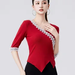 Latin Dance Top Women V-neck Modern Dance Costume Ruffled Edge Red Black Costume Medium Sleeve Social Dance Training Suit Summer