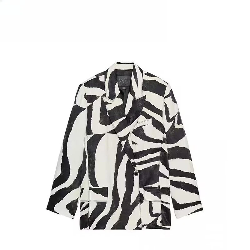 Zebra Print Blazer Women's Jacket Lapel Long Sleeve Single Button Pockets Outwear 2026 Autumn Vintage Casual Ladies Coats