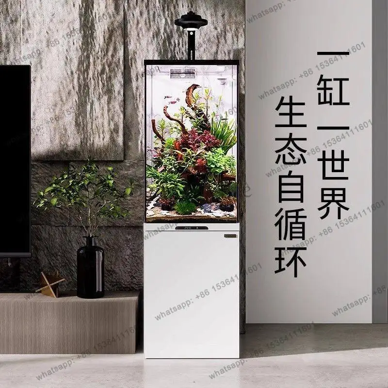 9New light luxury ultra-white glass gold fish tank water-free intelligent small ecological high-water landscape tank