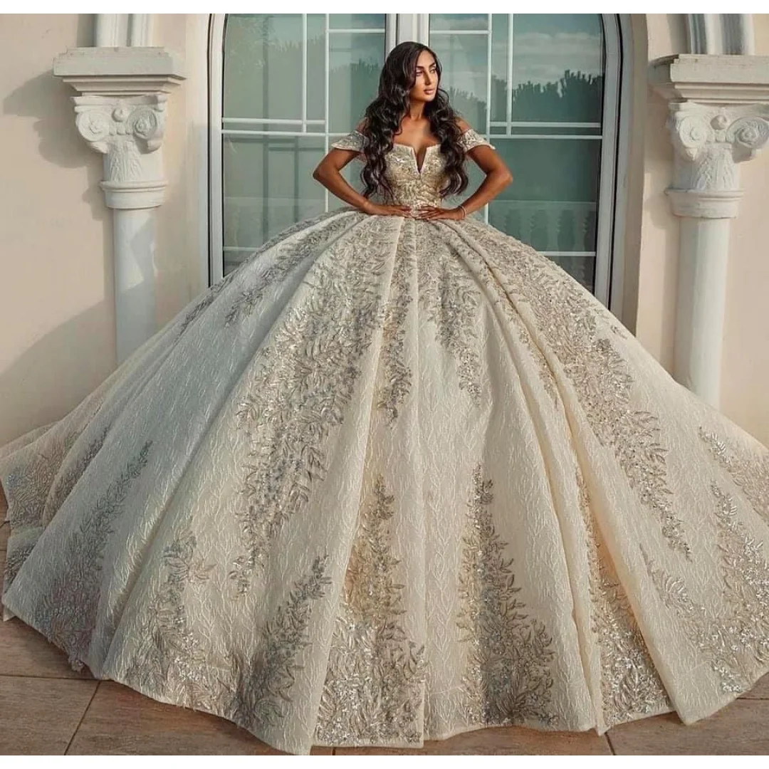

Custom Luxury Champagne Sequin Ball Wedding Dress Elegant Off Shoulder Bridal Gown Cathedral Train Plus Size Vestido De Novia