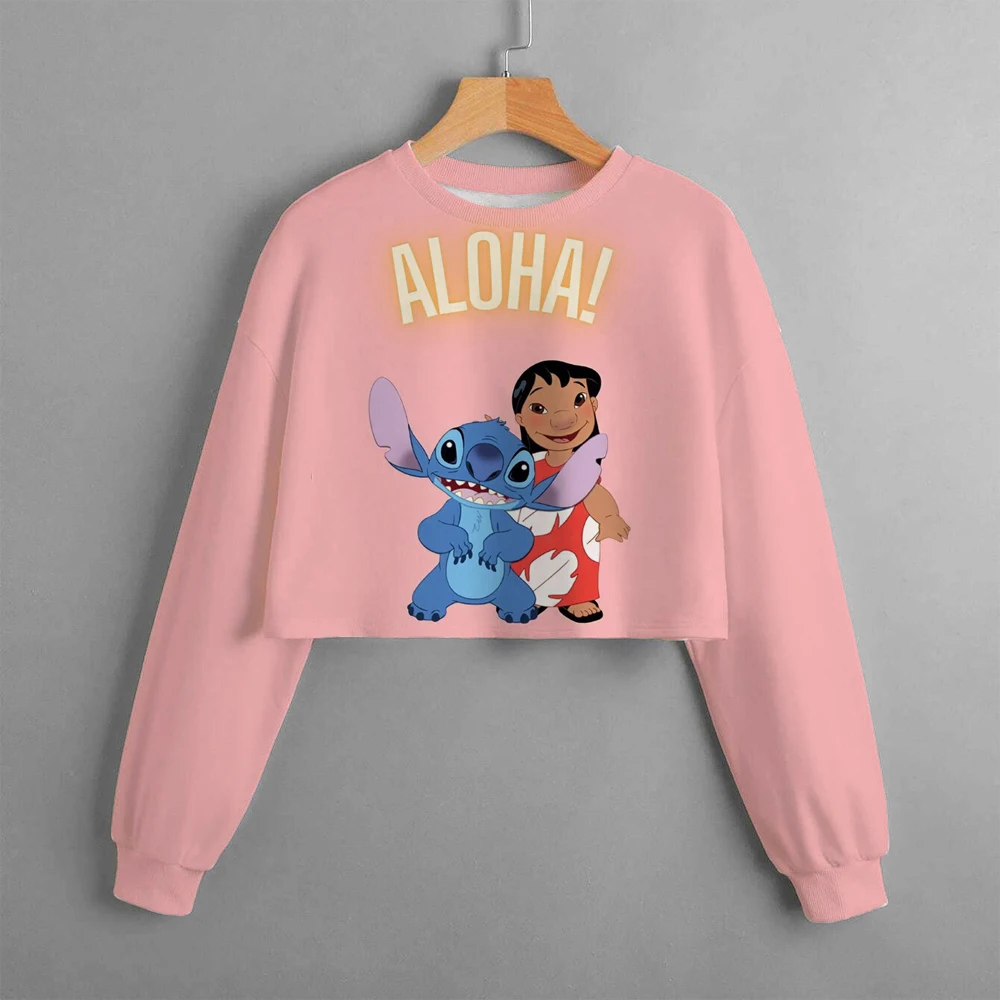 Children\'s Hoodie Casual Cartoon Anime Print Children\'s Top Spring and Autumn Disney Lilo&Stitch Girls\' Short Round Neck Sweater