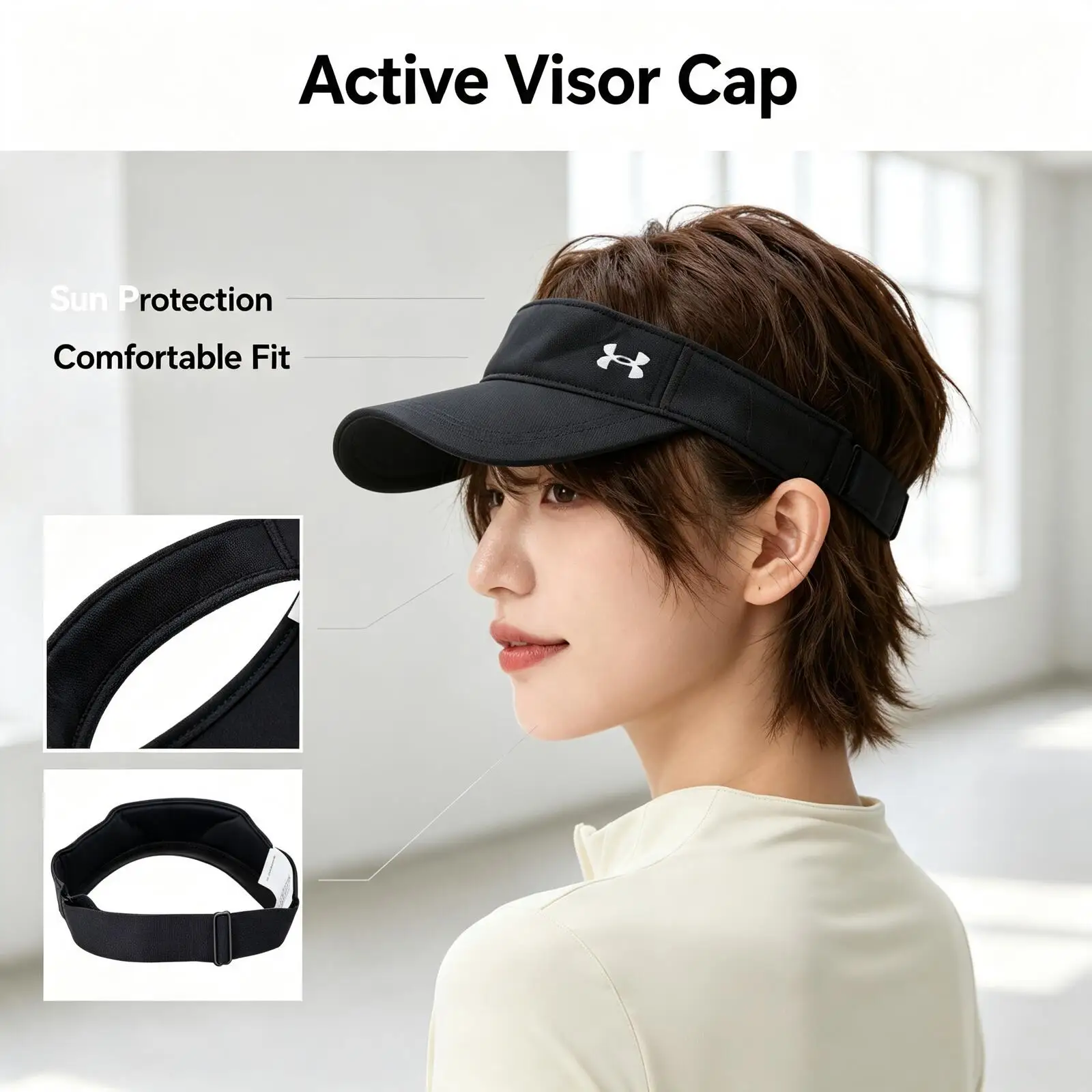 Under New Armour Black Sports Visor Hat Lightweight Adjustable Strap Sun Protection Cap for Running Tennis Golf Outdoor