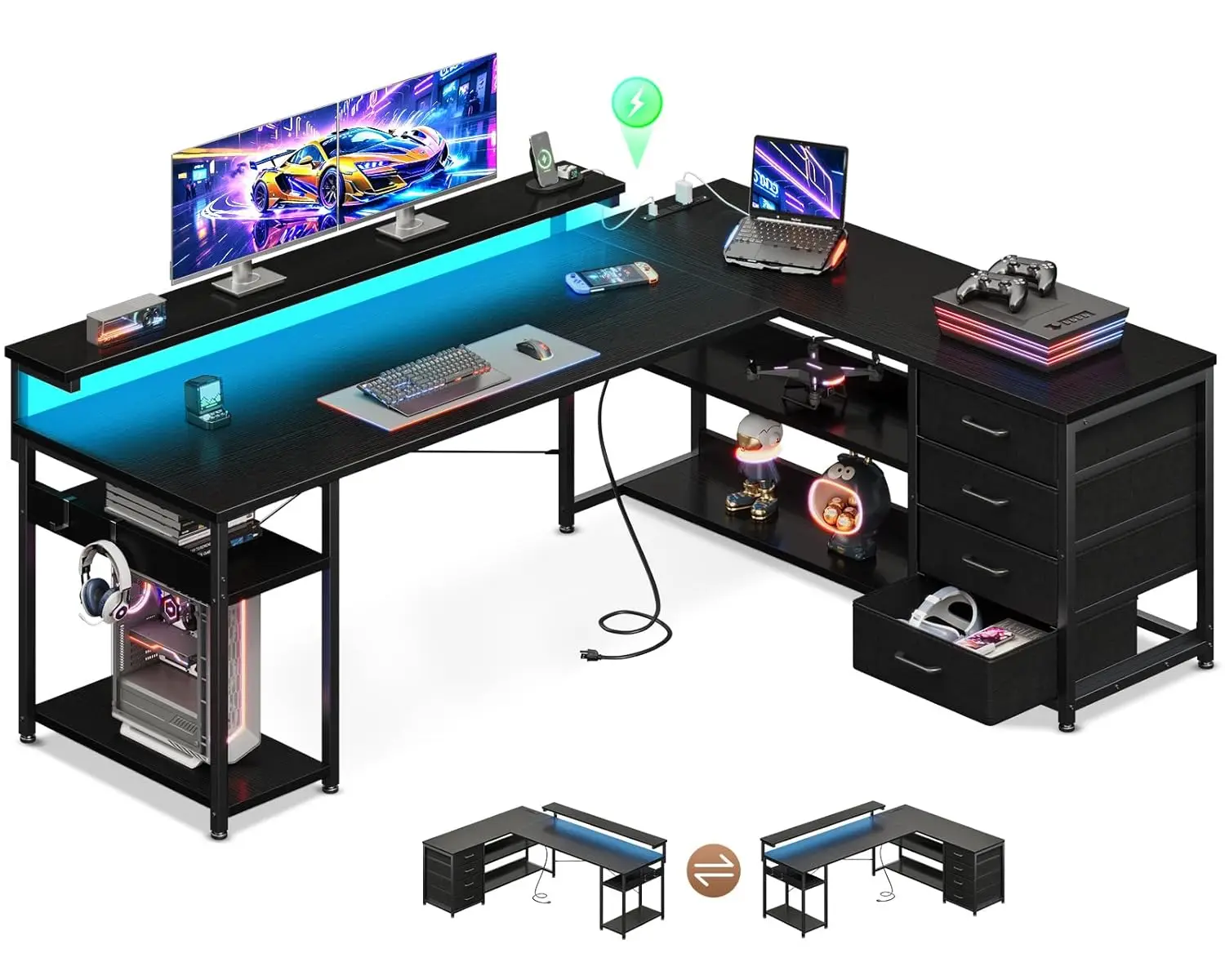 

Игровой компьютерный стол 61 дюйм с выдвижным ящиком, розеткой, LED-подсветкой, реверсивной угловой конструкцией, полкой для монитора, черный, на заказ