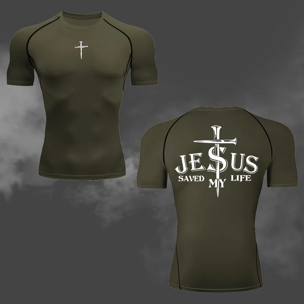 Herren-Kompressions-T-Shirt mit Jesus-Kreuz-Doppeldruck, schnell trocknend und atmungsaktiv, kurzärmelig, für Fitness, Gym, Laufen, Training – Detail 10