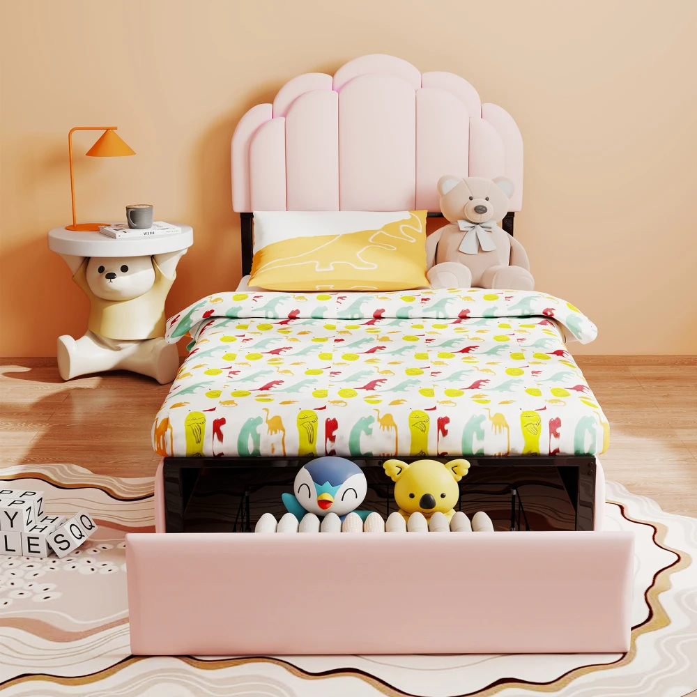 

RGB LED Upholstered Platform Bed with Petal Headboard & Storage Drawers, Velvet Kids Bed