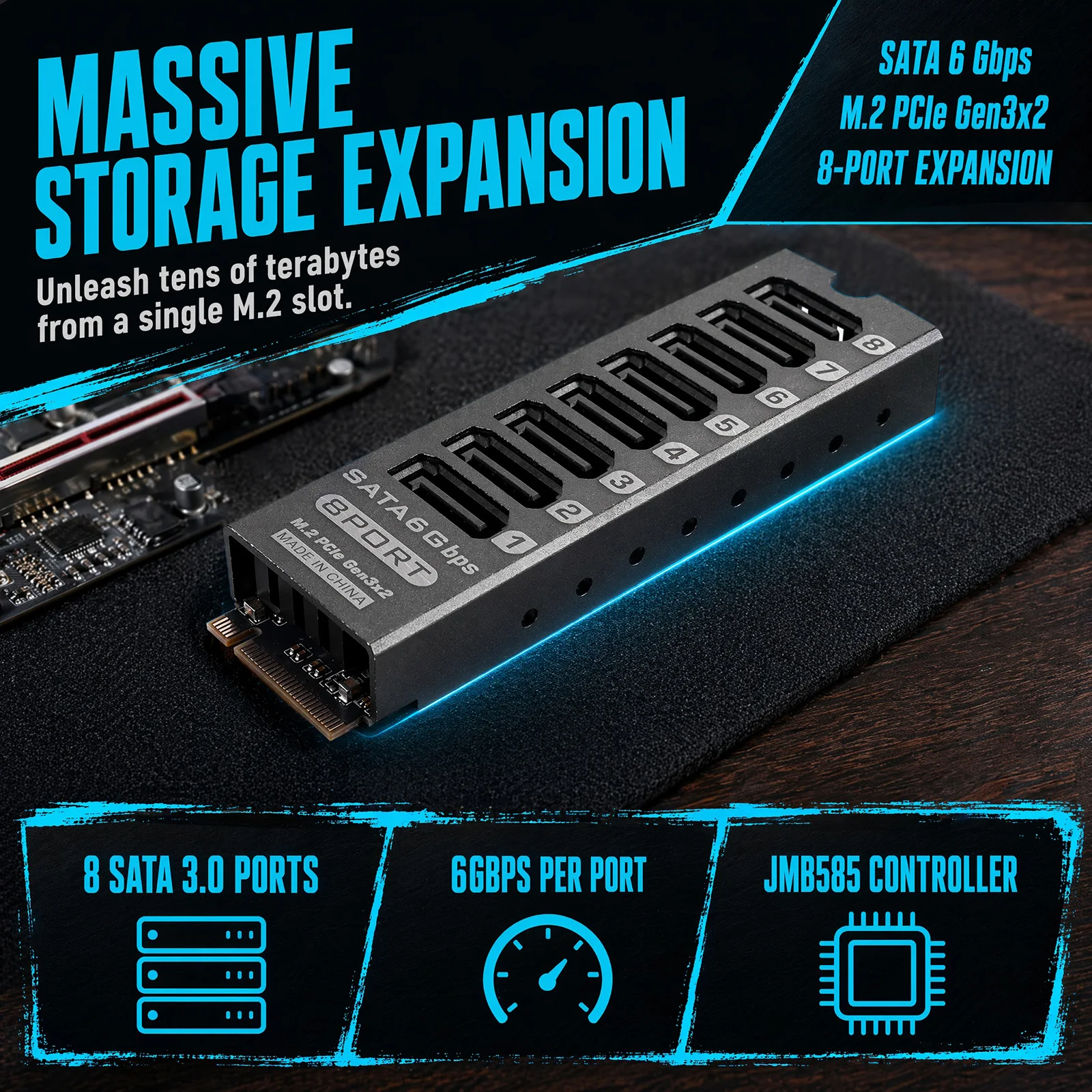 M.2 to 8 SATA 6Gbps Port Multiplier Card PCIe 3.0 X2 NVMe Adapter for NAS Home Server DIY