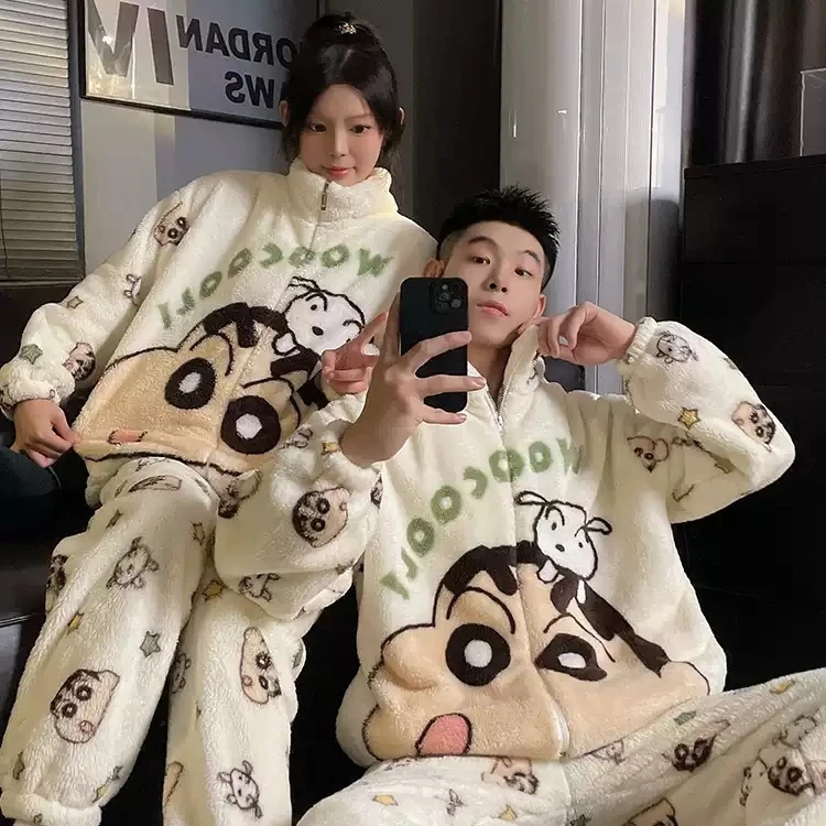 Crayon Shin-Chan Couples Pajamas Women'S Coral Thickened Velvet Warm Lovely Home Service Suit Autumn Winter Plush Pajamas Gift