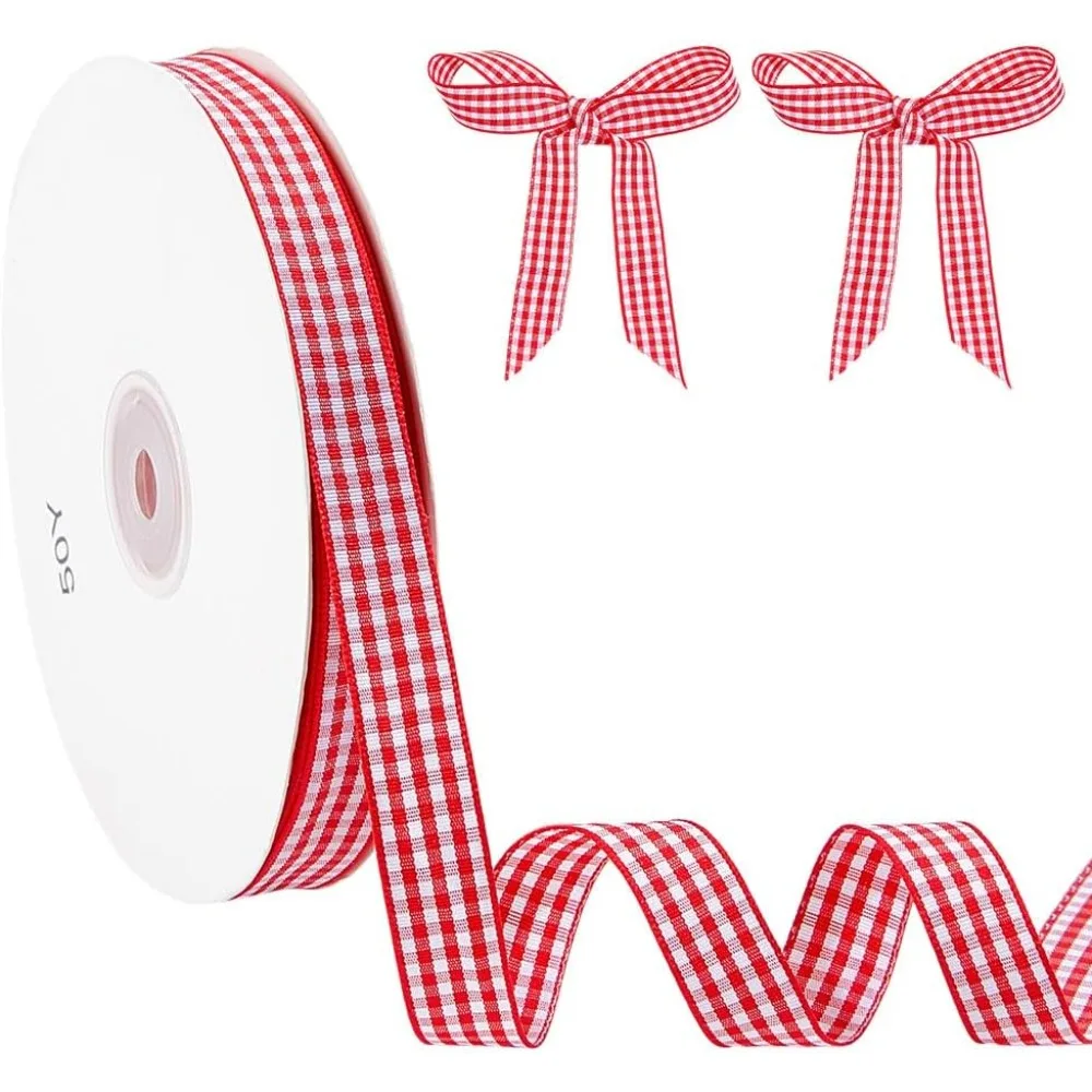 

50 ярдов, красная и белая лента в клетку, 5/8 дюймов, красная клетчатая лента для подарков, лента из буйвола, тафта, клетчатая лента для подарочной упаковки