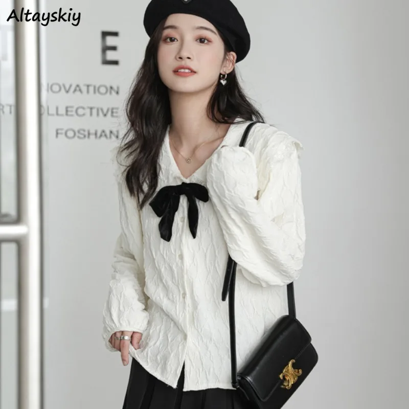 

White Shirts Women Bow Peter Pan Collar Preppy Sweet Girl Tops Mujer Puff Sleeve Fashion Youthful Breathable All-match Versatile