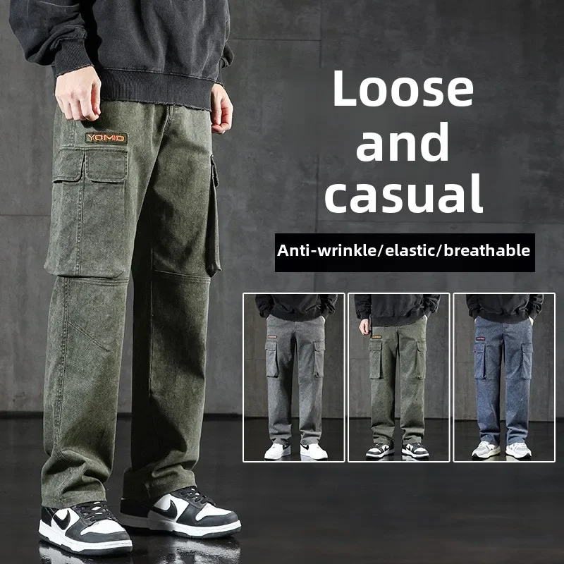 New Wide Leg Pocket Cargo Pants Men Trousers Neutral Loose Casual Cotton Straight Outdoor Fashion Pants Big Size M-5XL