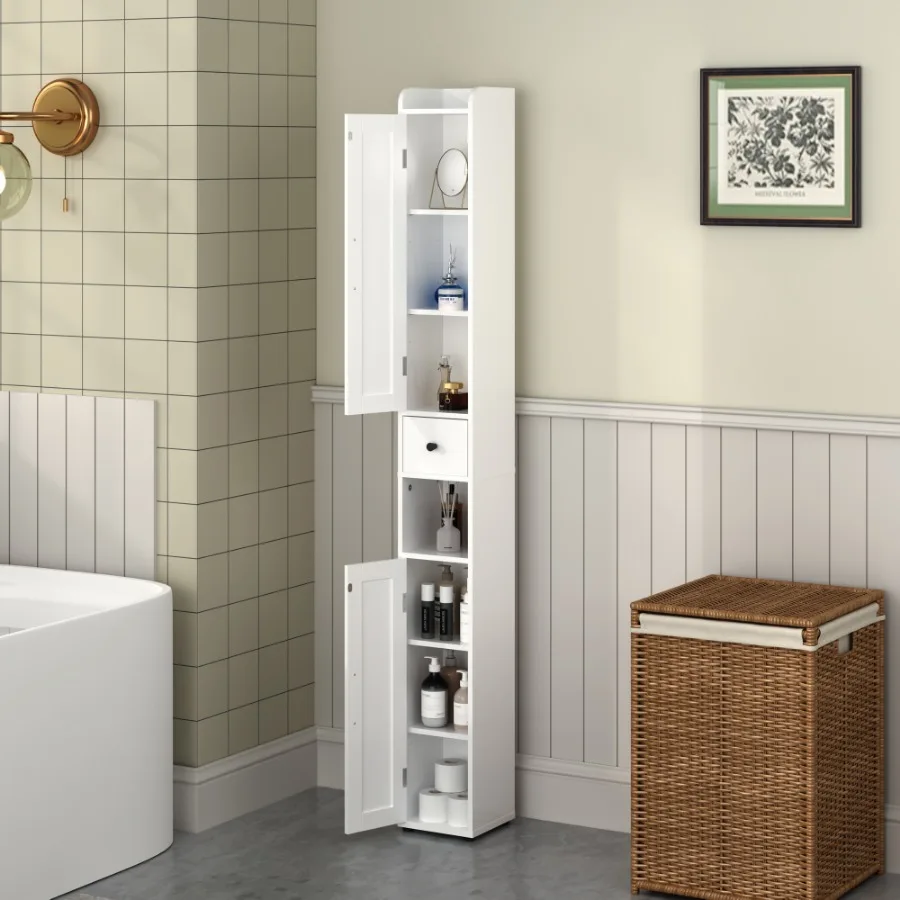 

67.51" Tall Bathroom Storage Cabinet with Adjustable Shelves, Slim 2 Doors Freestanding Cabinet with Anti-Tip, Open compartment