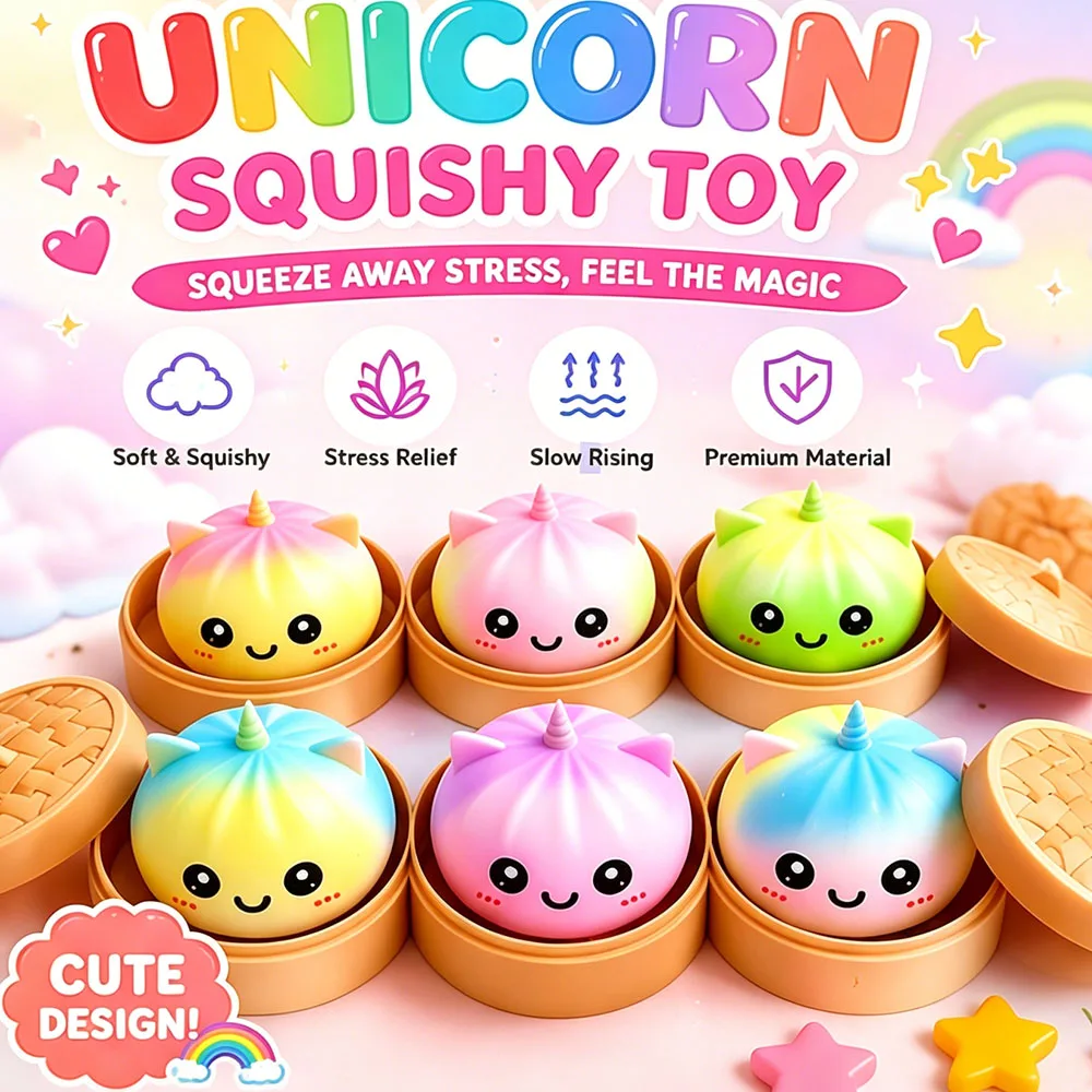 Unicorn Cat Ear Bao Bun Squishy Rainbow Gradient Soft Squeeze Anxiety Relief Office Desk Companion Vent Gadget Random Gift view 5