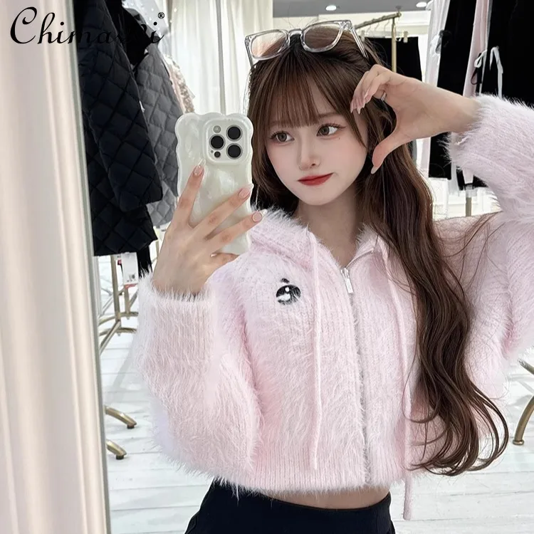 

Japanese Style Solid Color Imitation Mink Fur Hooded Long Sleeve Short Sweet Knitted Sweater Autumn New Cute Girl Sweater Coat