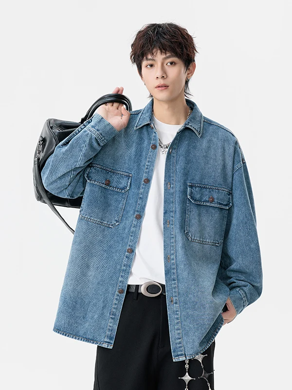 

Men's Casual Thick Long Sleeve Denim Shirt Classic Pocket Design Spring Autumn Fashionable Versatile Leisure Workwear Jacket