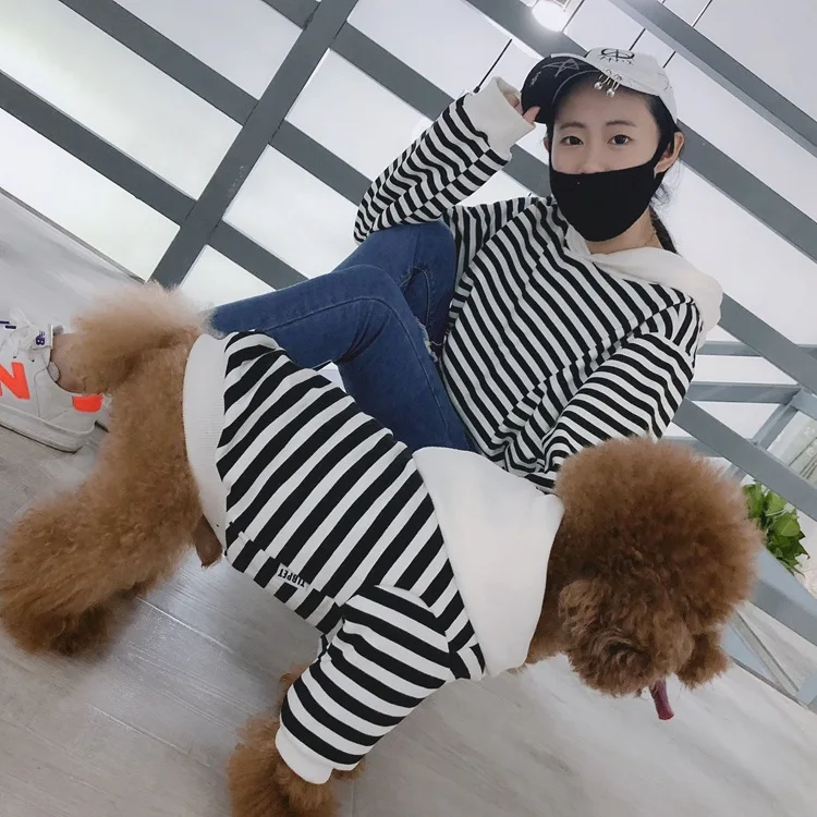 Vêtements assortis pour propriétaires d'animaux de compagnie, vêtements polaires pour animaux de compagnie, à capuche, parent-enfant, à rayures, Teddy français, petit chien et chat