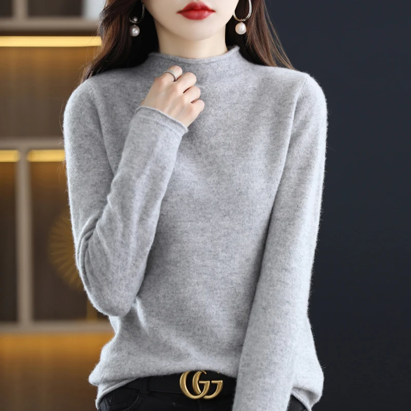 Women\'s Half Turtleneck 100% Merino Wool Pullover Autumn/Winter Warm Solid Knit Sweater With Rolled Edge Solid Pullover Sweater