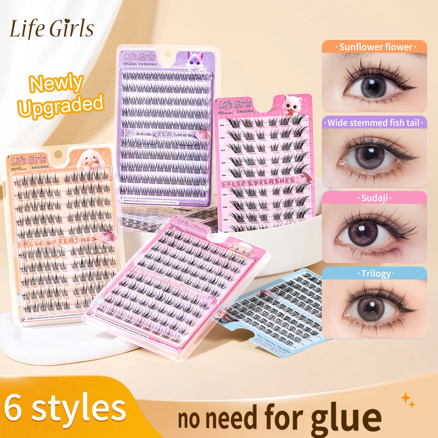 Life Girls 10 file di ciglia finte senza colla di grande capacità 6 stili Ciglia superiori arricciate naturali autoadesive girasole