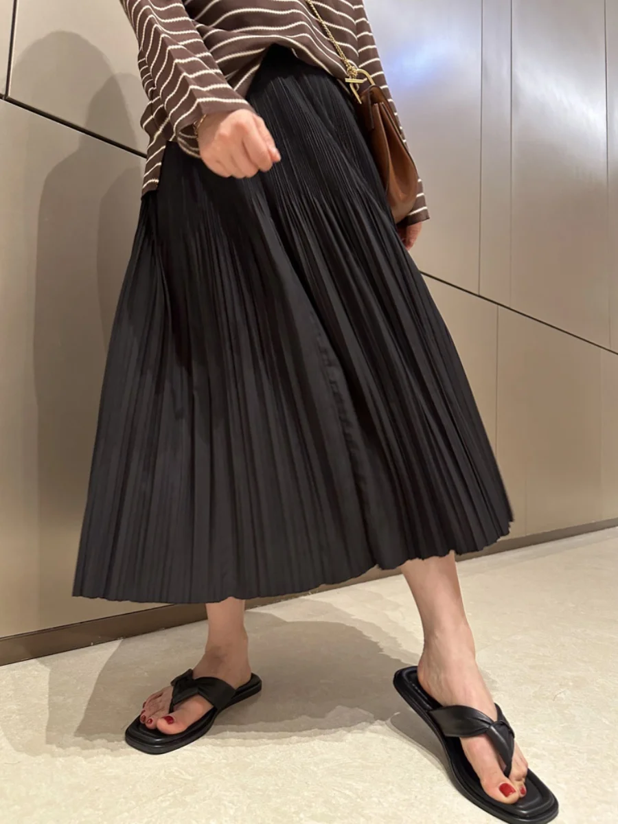 

Ele High Waist A-Line Skirt with Double Pred Heavy Work Elastici Pleats Slimming Ele f Body Skirt