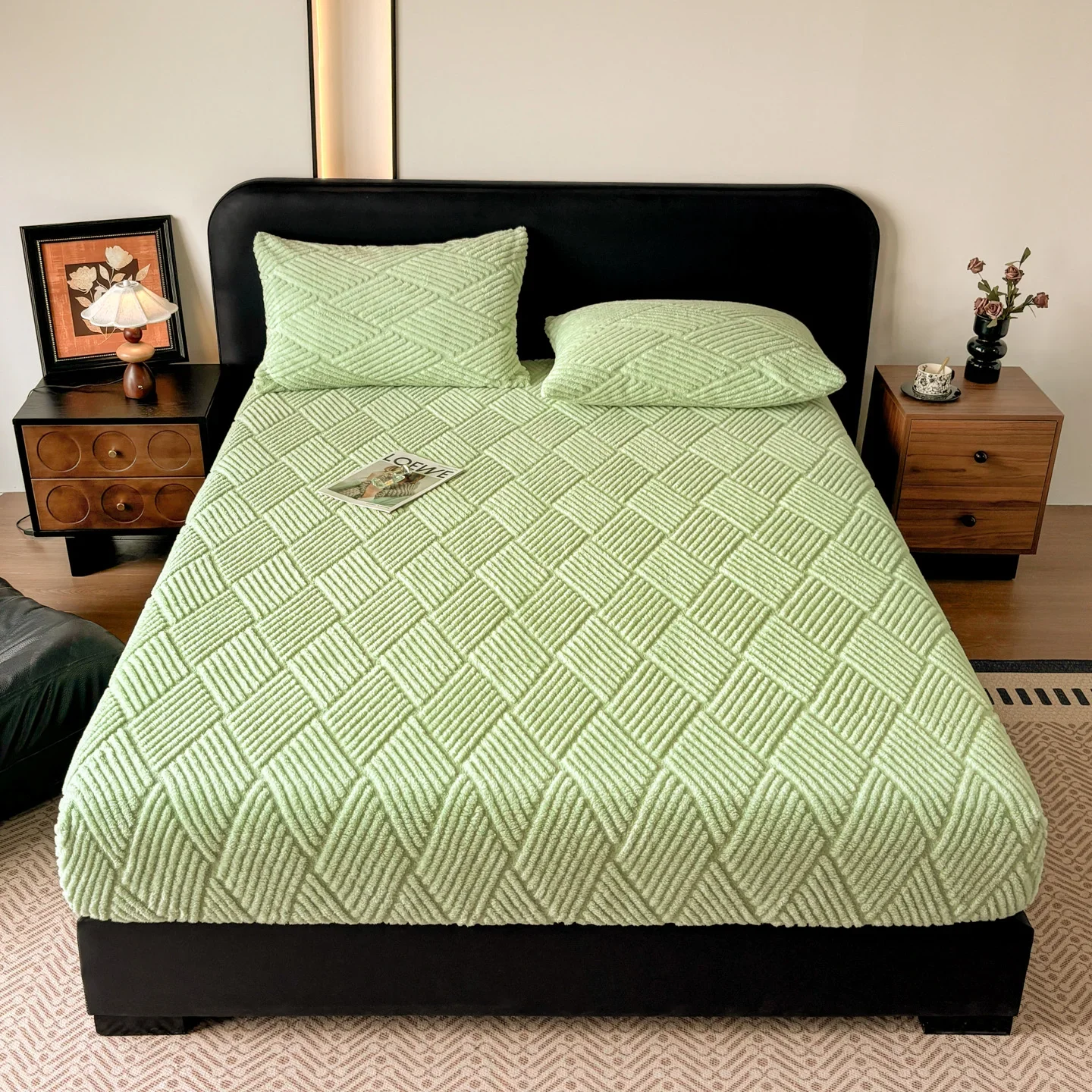 Geometric Jacquard Fleece Fitted Sheet Winter Thickened Warm Mattress Cover Solid Color Soft Plush Sheet for Single Double Bed