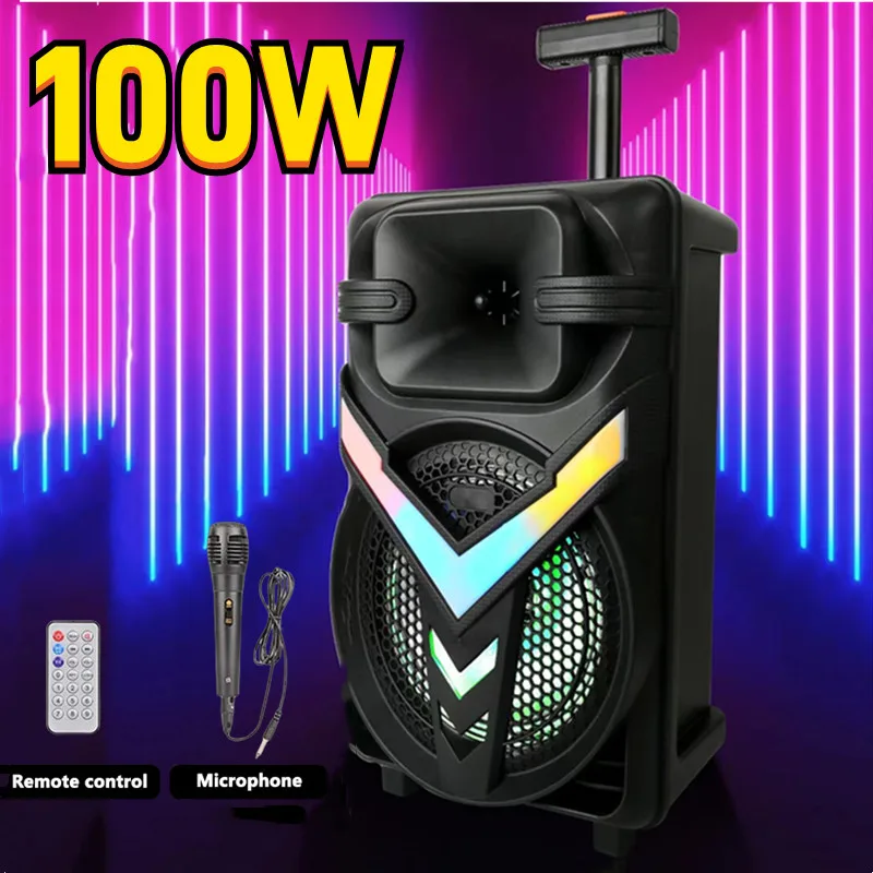 100W Peak Power 8 Inch Trolley Fashion Colorful Lighting Bluetooth Speaker Square Dancing Party Box Caixa De Som USB ZQS-8158