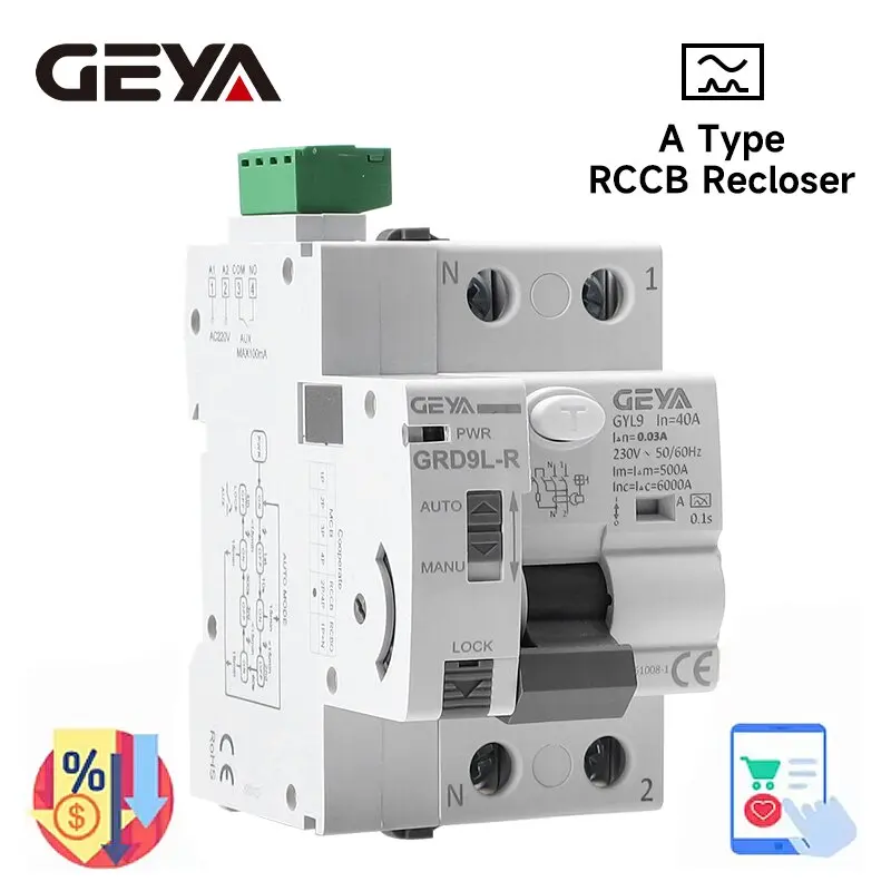 Interruptor Diferencial GEYA GRD9L Tipo A con Reconexión Automática, 2P 40A 0.03A (30mA), Interruptor de Seguridad 220V