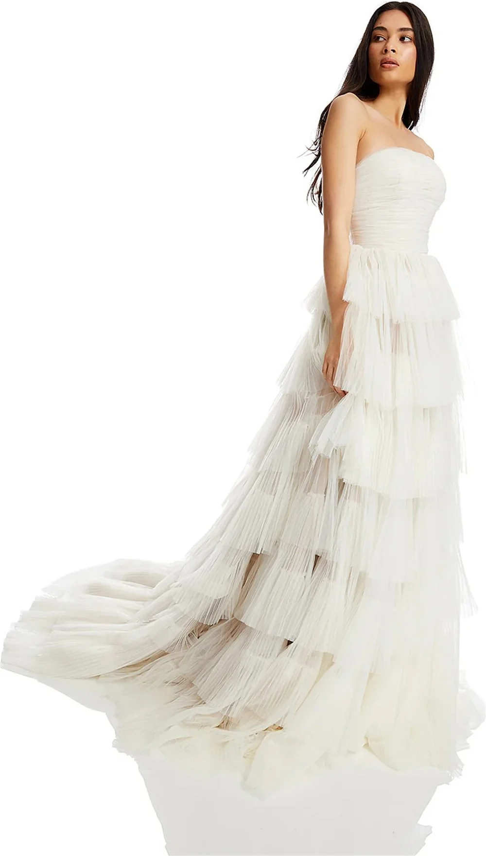 Abito da sposa bianco senza spalline personalizzato Tokyo Abiti da sposa senza maniche con volant a cascata 2025 Abiti da sposa con strascico a-line