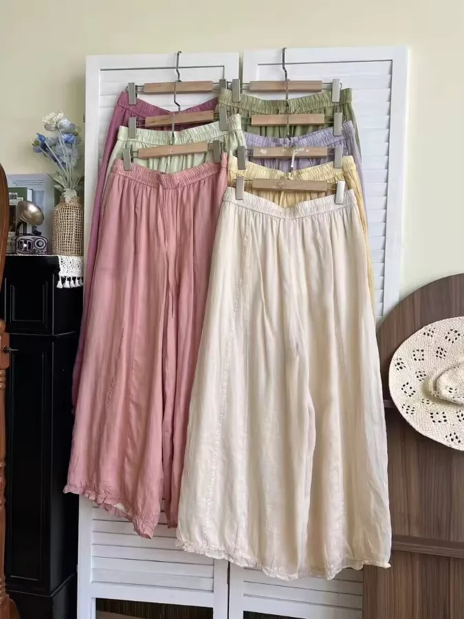 

Summer New Style Artistic Wide Leg Pants Pure Color Casual Loose Fit Women's plus Size Elastic Waist Long Trousers Slimming