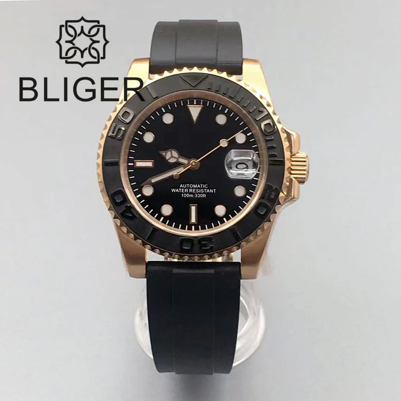 BLIGER 40mm Automatic Men Watch Japan 24 Jewels NH35 Miyota PT Mingzhu Rose Gold Case Brushed Ceremic Bezel Rubber Strap Saphire