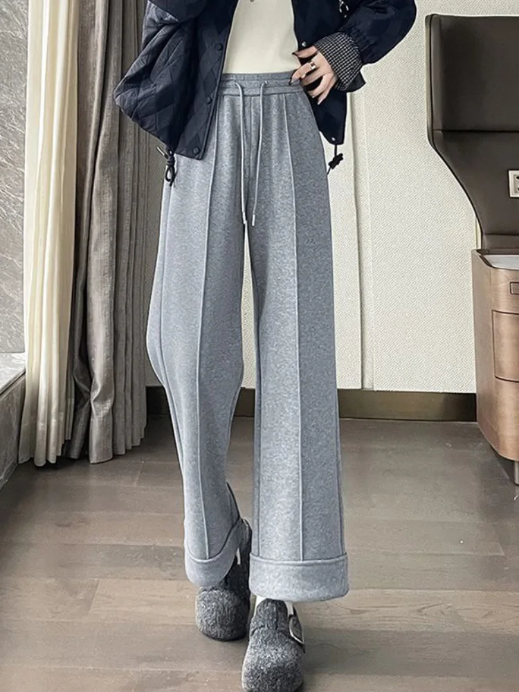 Plush Wide Leg Sweat Ankle-Length Pants Women's Casual Baggy Fashion Pantalones Thickened Warm High Waisted Straight Trousers