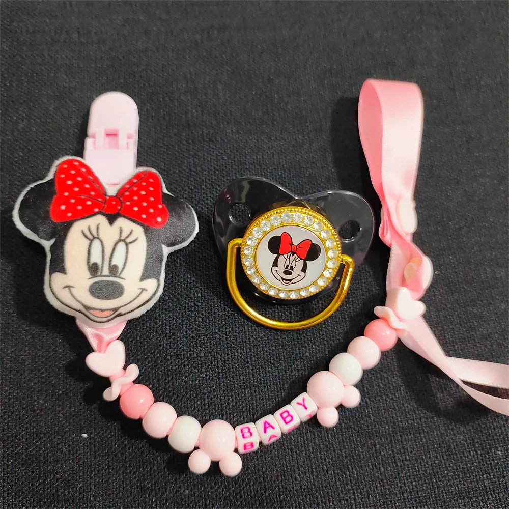 Pink Sweet Newborns Anti Off Beads Personalized Name Pacifier Clip with Mini Minnie Mouse Doll Stuffed Plush Decompression Toys