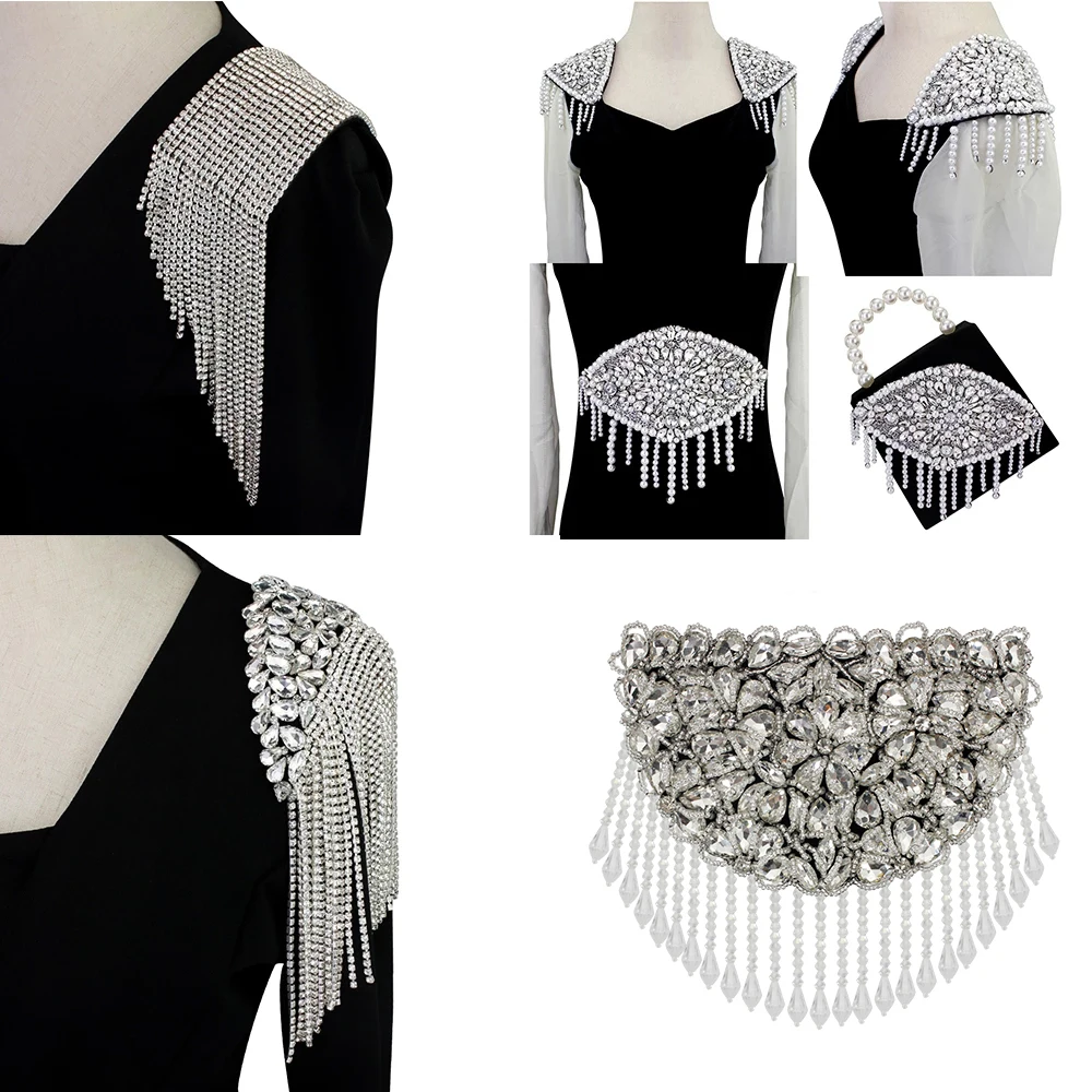 Silver Bead Handmade Jewelry Tassel Rhinestones Epaulettes Clothing Waist Accessories Epaulet Shoulder  P2582