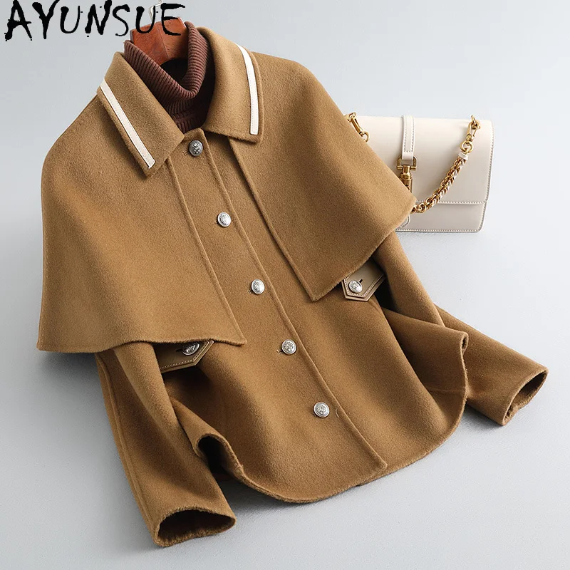 معطف صوف حقيقي 100% من AYUNSUE للنساء سترة صوفية على الوجهين معاطف نسائية أنيقة شال كوري ملابس الخريف الفلسطينية