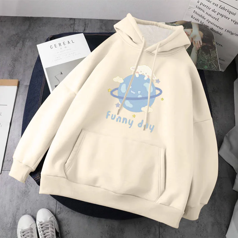 Women Autumn Winter Loose Casual Pullovers Student Fashion Leisure Outwears Cute Cartoon Printed Fleece Thick Hooded Sweatshirts